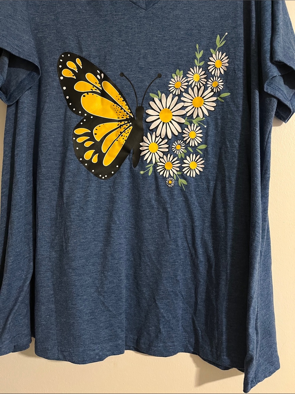 Women's Blue V-Neck Tee with Yellow Butterfly & Daisy Graphic - Picture 3 of 5